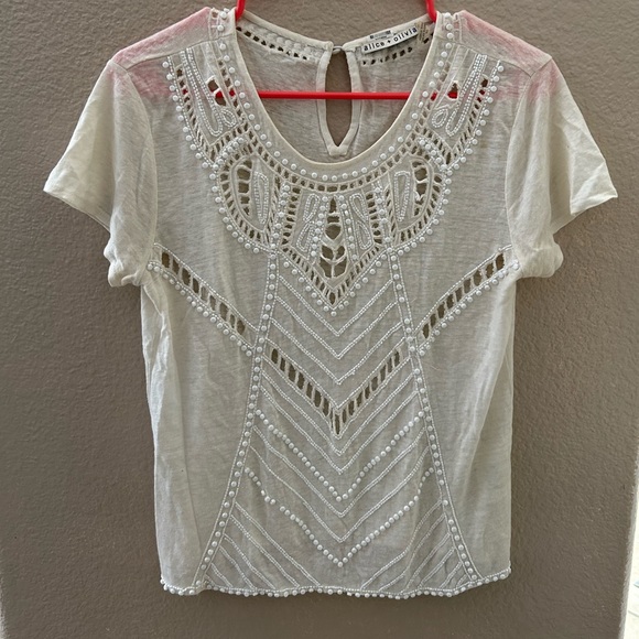 Alice + Olivia Candy Beaded cream crewneck tee🤍🤍 - Picture 2 of 9
